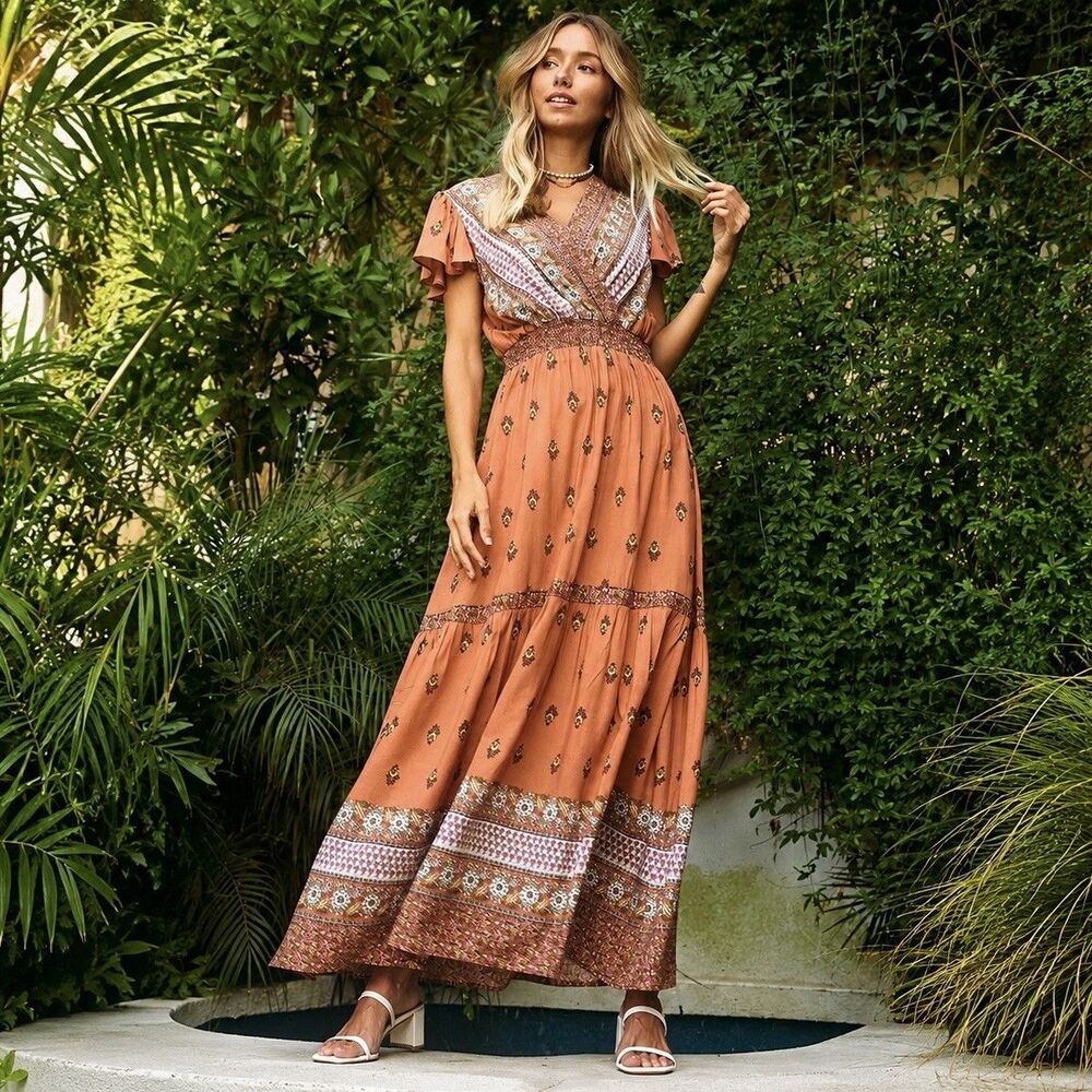 Ces Femme S Rust Orange Boho Maxi Dress Smocked Waist Cotton Flutter Sleeve